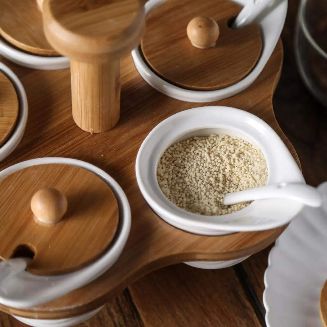White Ceramic Condiment Pots Set with Bamboo Lid&Rack Stand.Ceramic Sugar Bowls&Spice Jars Set for Kitchen.