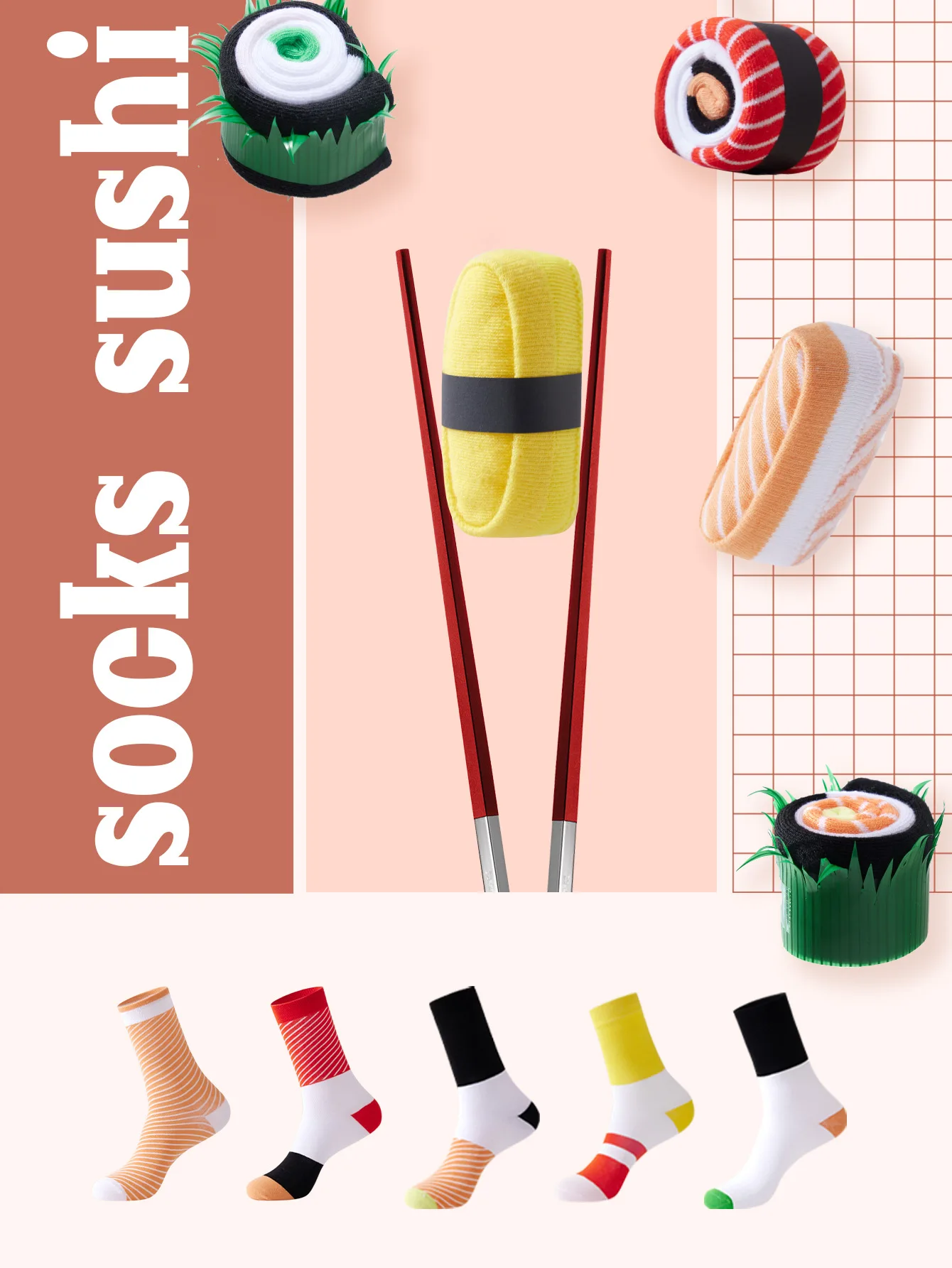 2025 Hot Sale Wholesale Custom Food Theme Novelty Creative Crew Sushi Gift Socks