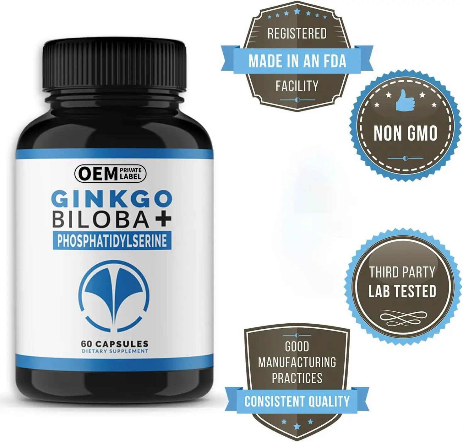 OEM Nootropic Brain Supplement Ginkgo Biloba+ Phosphatidylserine 60 Capsules Helps Improve Mental Performance and Working Memory