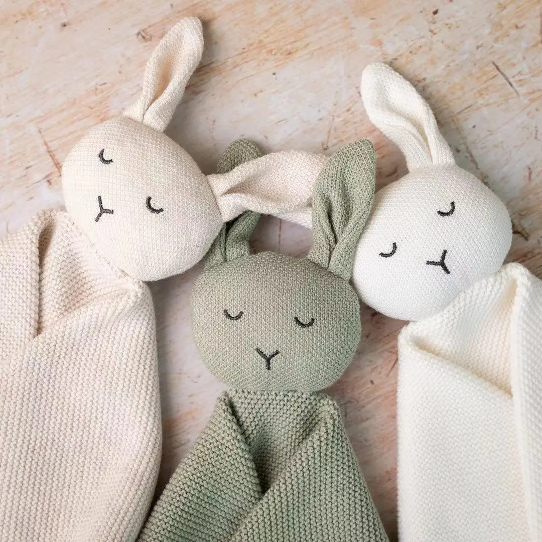 Ins hot sale soft 100% organic cotton bunny bear animal knitted baby comforter security blanket for newborn