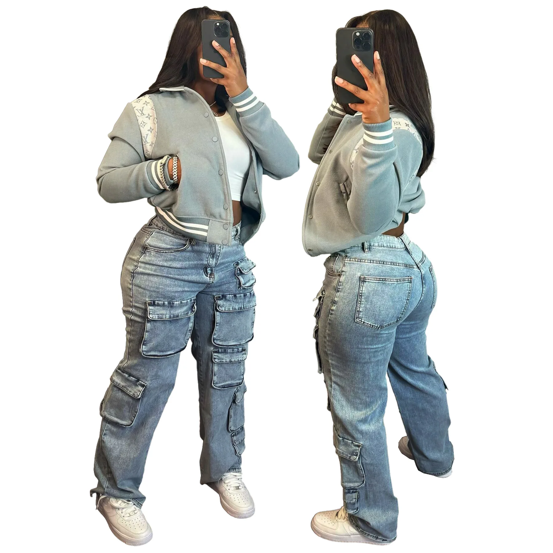 New denim workwear pants elastic multi bag pants casual straight leg denim pants