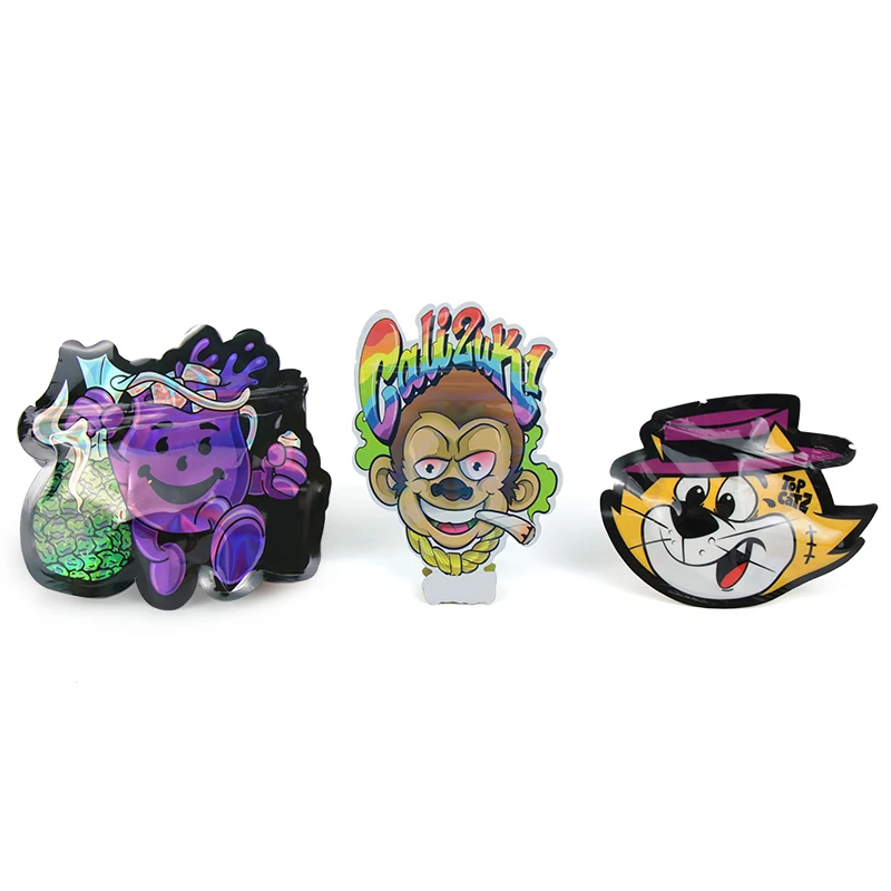 Custom Brand Printing Reusable Ziplock Holographic 3.5 Mylar Bag Custom Shape Die Cut Mylar Bags 3.5g