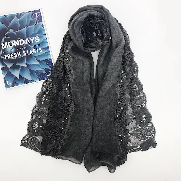 Most popular hijab with lace and beads elegant long lace shawls for fashion women