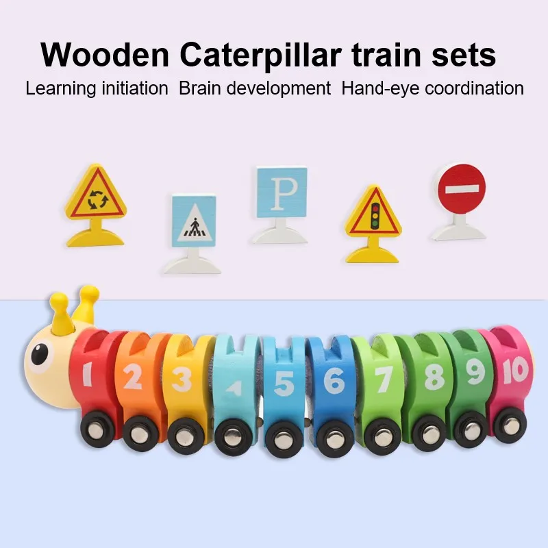 Wooden educational toys for kids wooden Colors numbers traffic signs Splice caterpillar toys train set