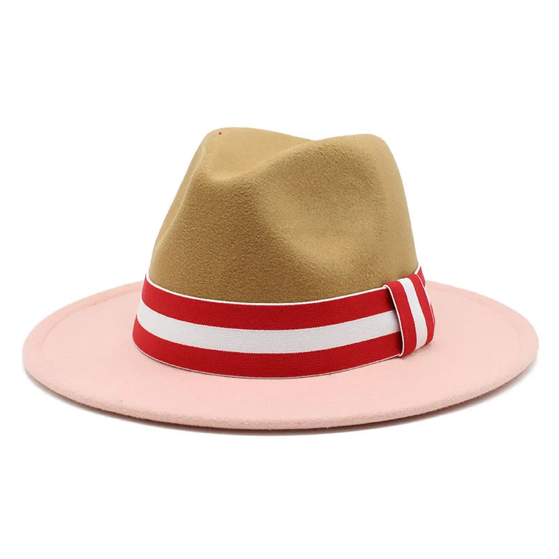 2022 New Design Wholesale Two Tone Women Men Panama Hat Vintage Wide Brim Jazz Hat Wool Felt Fedora Hats with Belt Buckle