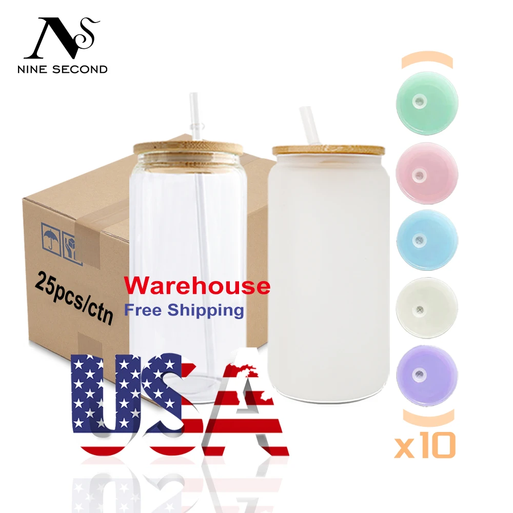 USA Warehouse 16oz Frosted Clear Beer Cups Sublimation Blanks Glass Can with Plastic 5 mixed color lids Bamboo Lid Plastic Straw