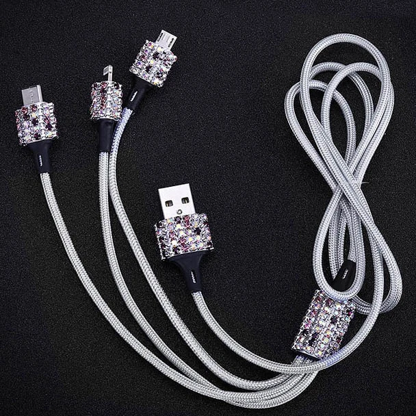 Crystal Diamond Rhinestones Auto Car Household Mobile Phone 1 to 3 USB C 3 in 1 Data Cable Line Quick Fast Charging Accessories