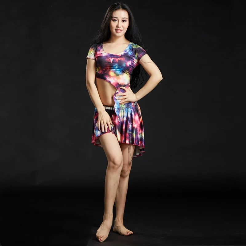 SHE DANCES New Tie Dyed Oriental Belly Dance Costume Performance Training Wear Top Skirt Safety Pants for Women Belly dancers