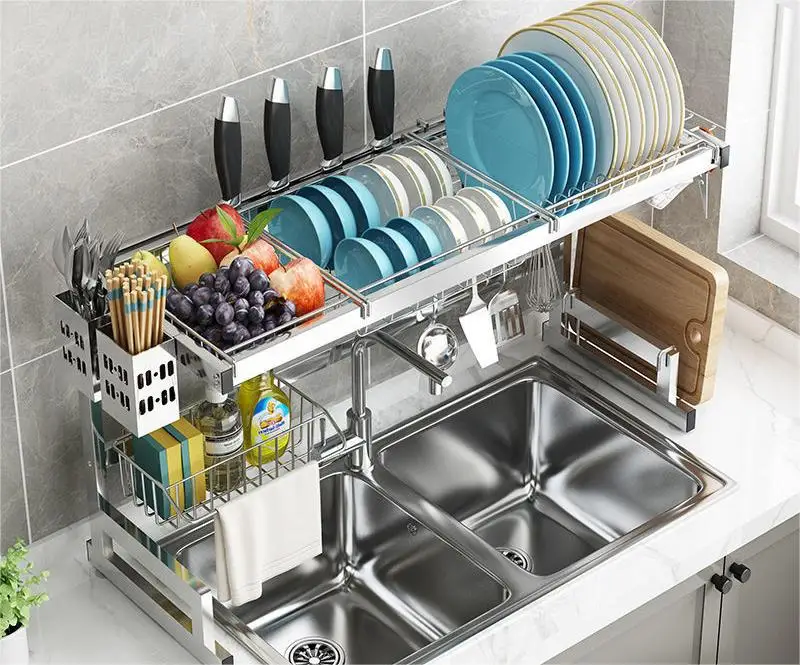 kitchen multi-function stainless steel storage holder knife block organizer bowl and dish drain storage rack