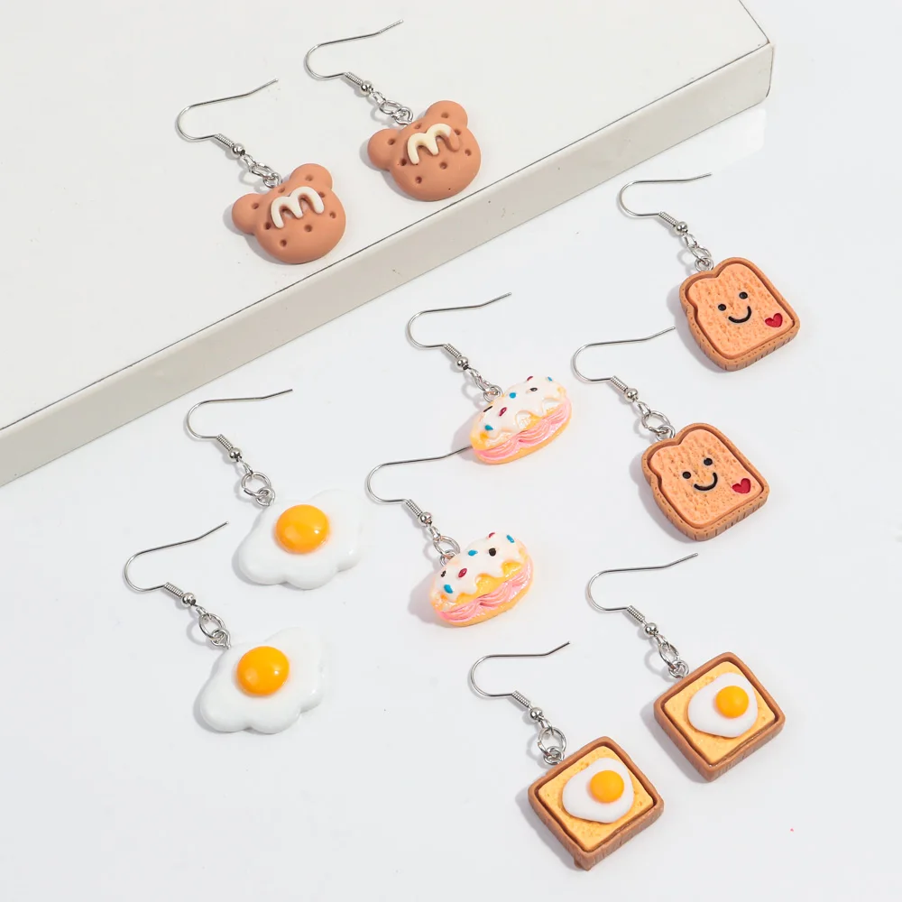 Cartoon Cute pink Bear chocolate chip cookie toast breakfast Fried egg Resin Ice Cream Mini 3D Jewelry acrylic drop earrings