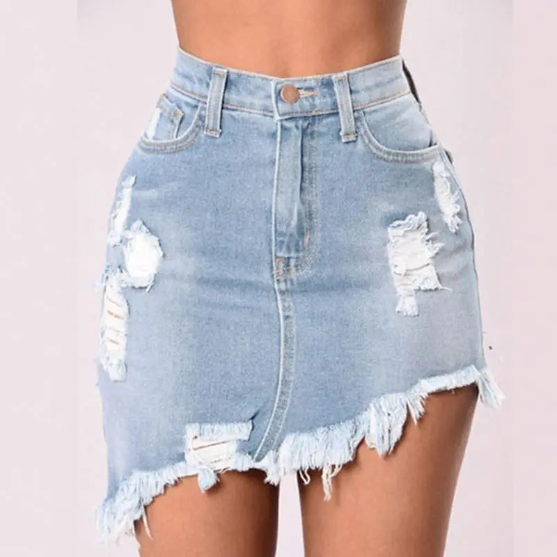 Pencil Skirt Blue Denim Women Sexy Casual Mini Summer Skirts Fashion New Ripped Pockets Bodycon Skirt EK0039