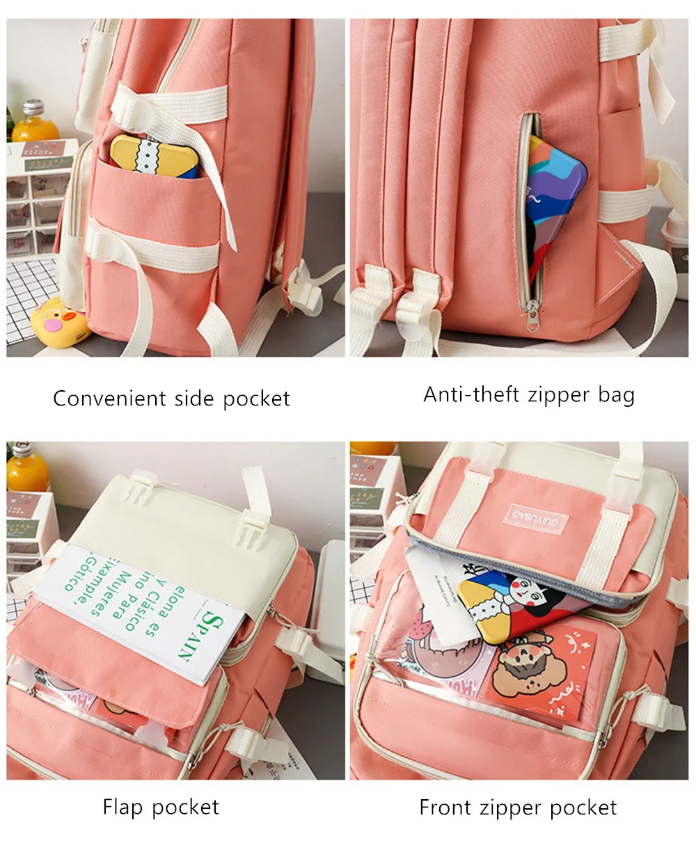 Amiqi 2021 New Arrival 4 in 1 Fashion Pink Canvas College Student School Laptop Book Bag with Lunch cooler Pencil