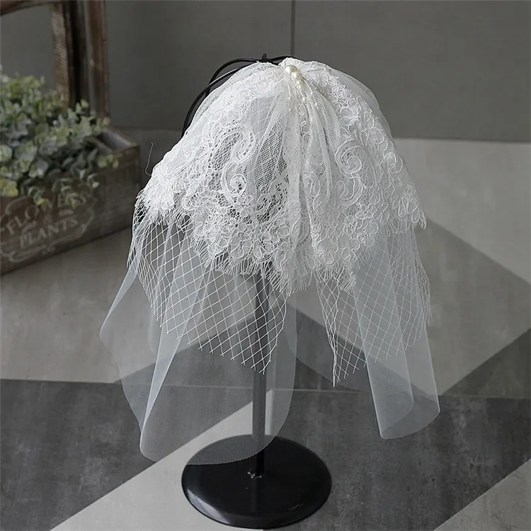 bridal beaded wedding veil with crystals pearl big bow knot lace pearls veil wedding accessories bridal veils bead trim