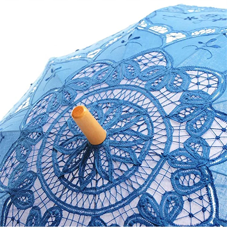 Bride Cotton Fashion Bamboo Handle Decoration Blue Lace Umbrella Parasol