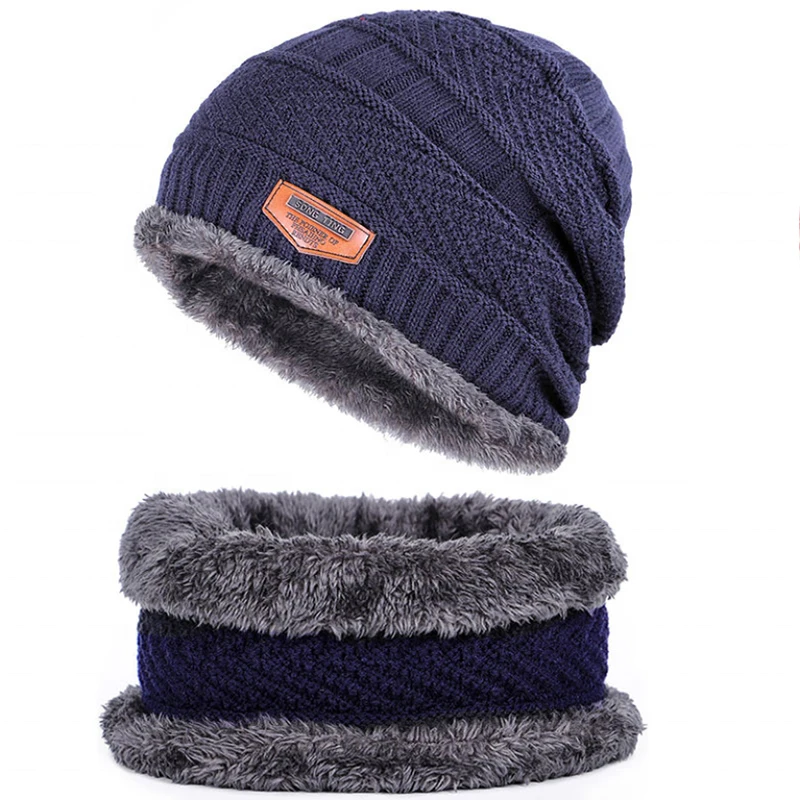 Hot Sale Soft Thicken Wool Ski Hat Women Men Neck Warm Hats Winter Beanie Knitted Scarf Set promotional price