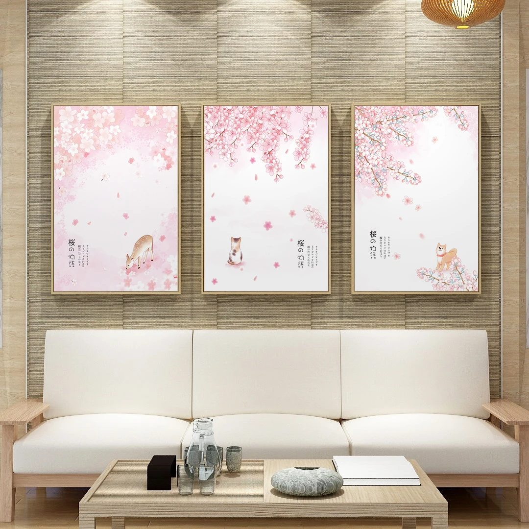 
modern picture pink sakura flower and cat posters and prints wall art canvas the living room 
