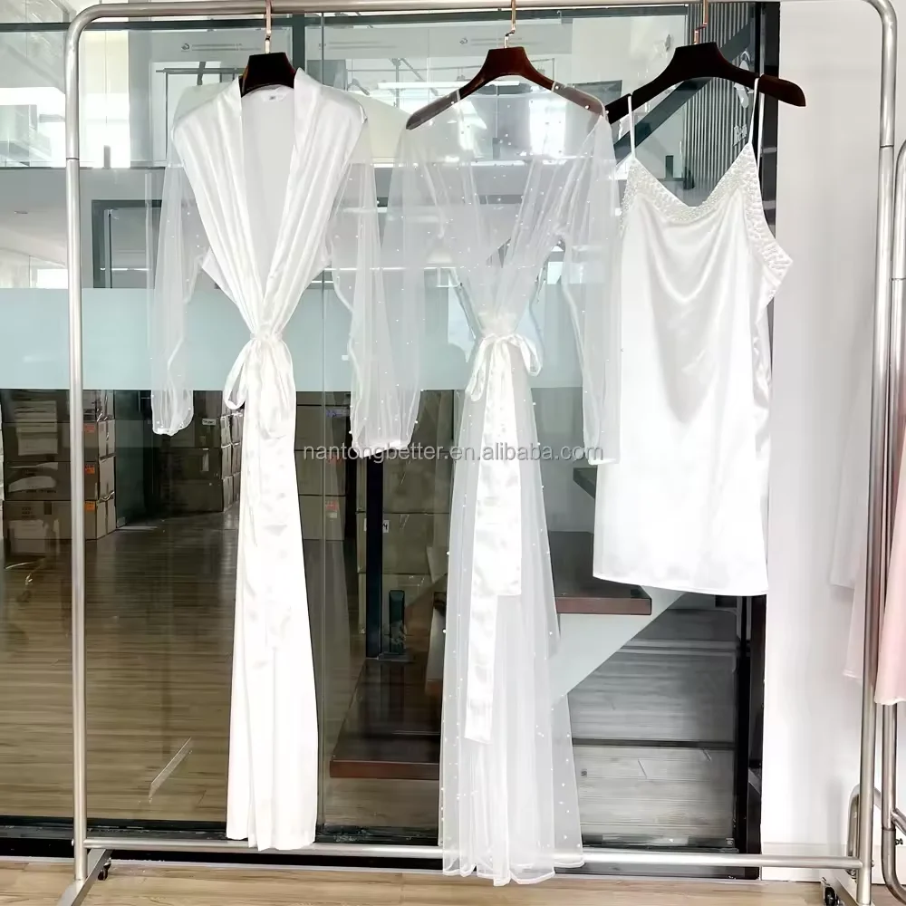 Элегантные роскошные длинные платья с жемчугом, сетчатые белые халаты, женские свадебные шелковые атласные платья, утренние платья, ночная рубашка, пижама