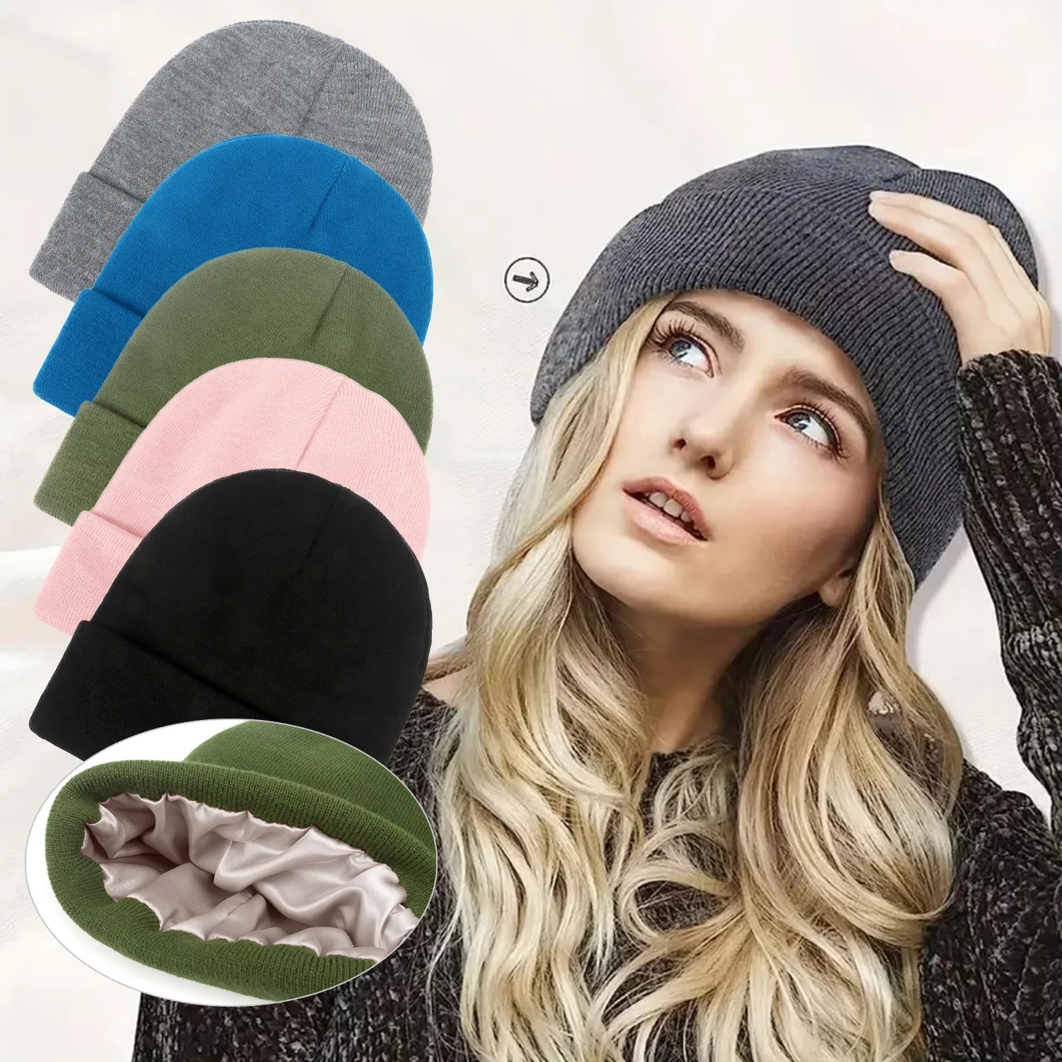 European and American Autumn and Winter New Knitted Satin Hat for Men and Women Thermal and Windproof Satin Adult Winter Hat