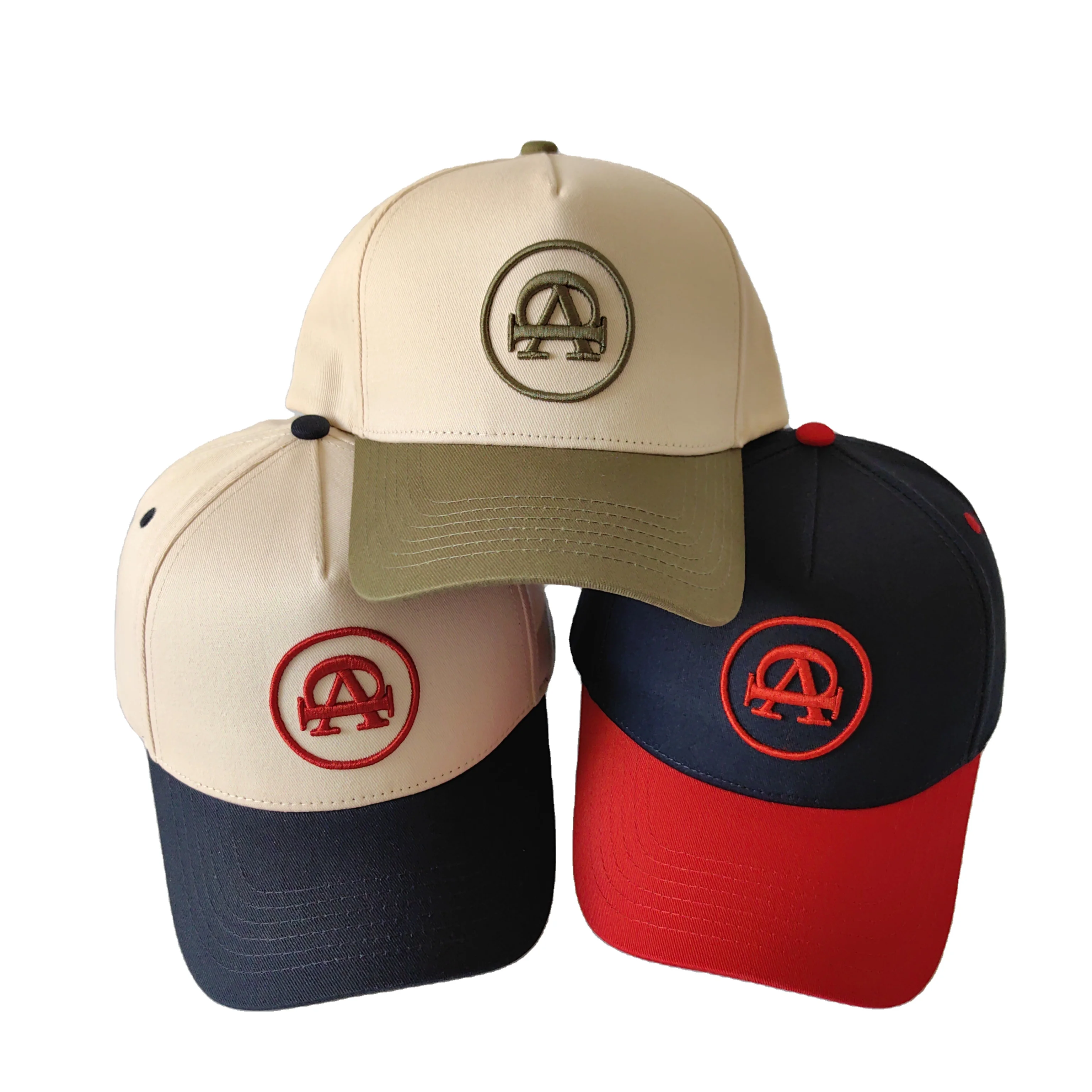 Bsci Two Tone Color Cotton Fabric Hat Custom 5 Panel 3d Raised Embroidery Logo Curved Brim Golf Baseball Caps Hats