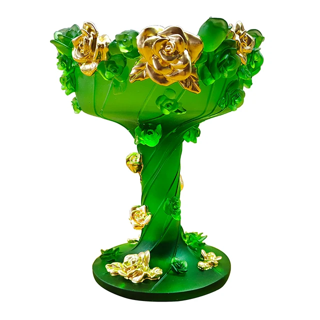 Own Glassware Factory 2021 Luxury Green Crystal Incense Burner Censer with Gold Rose and Metal Pieces Gift Sets for Home Decor