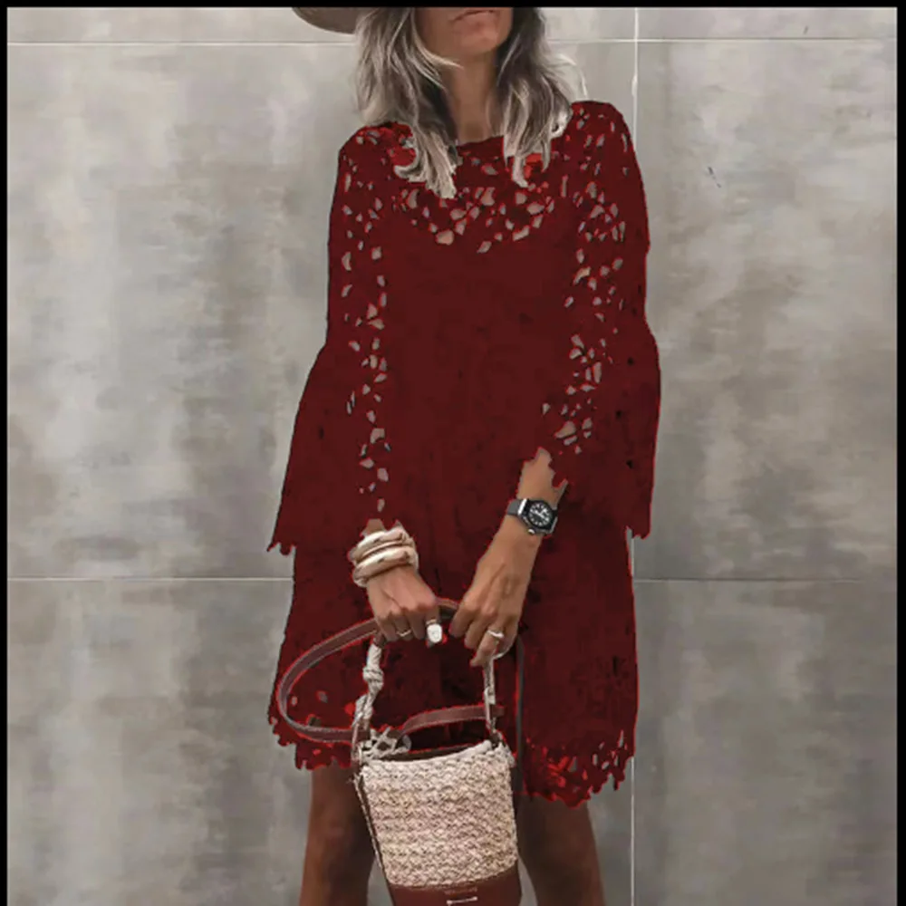 Spring Autumn Short Sleeve Hollow Out Lace Dress Women Sweet Dresses With Lining Clothing Wholesale