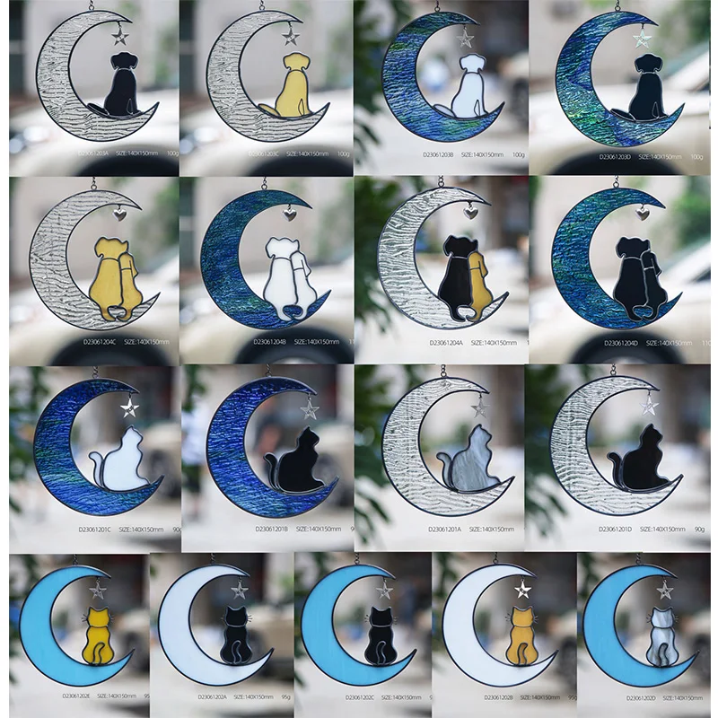 stained glass material sun catcher Windows decoration Moon Star cat  Hanging crafts pet loss gift