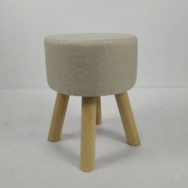 4 legged wooden round shape footstool with linen fabric cover