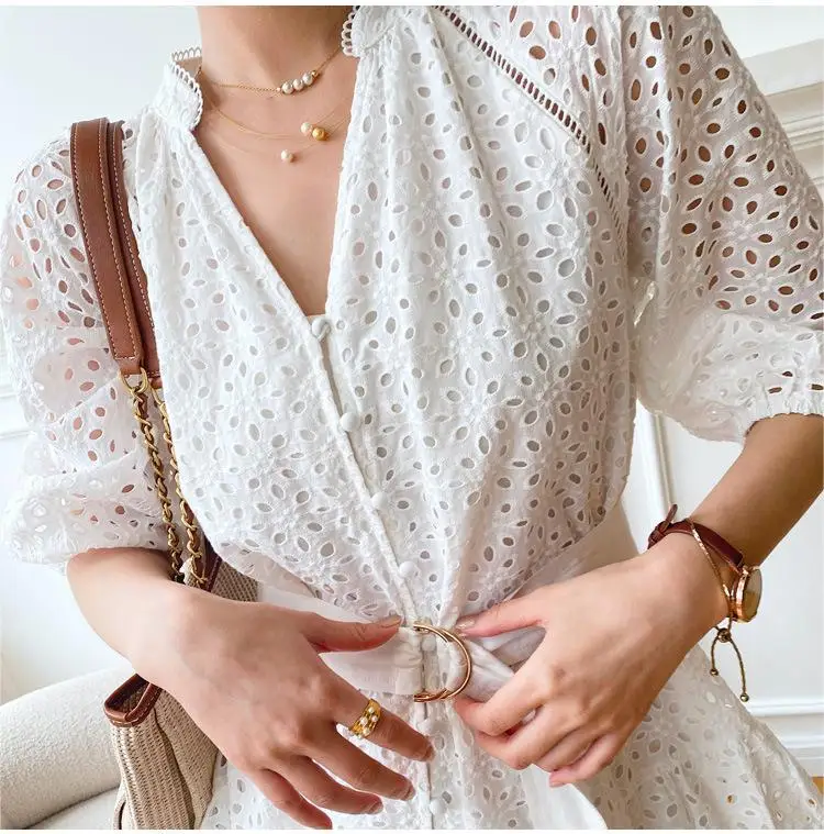 Новинка весна-лето 2023, белое платье с вышивкой, французская нишевая дизайнерская женская одежда