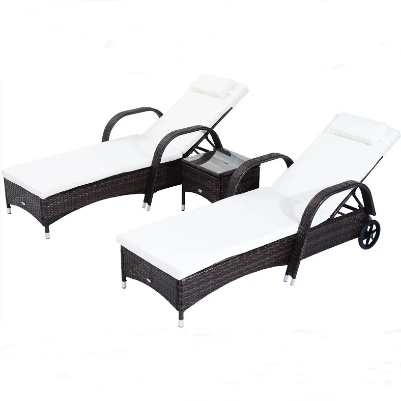 
3 Piece Wicker Patio Chaise Lounge Set, Outdoor Reclining Wicker Rattan Chaise, Adjustable Backrest Lounger Chair with Cushions 