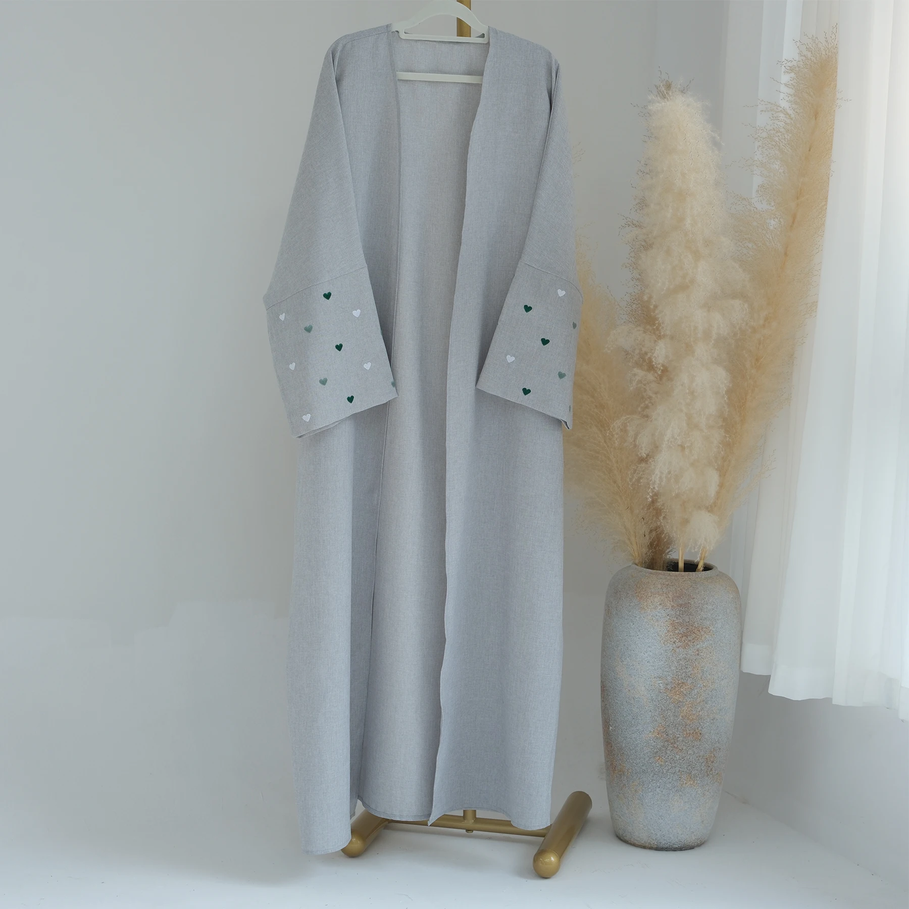 Loriya 2024 EID Heart Pattern Embroidery Linen Open Abaya Dubai New Fashion Kimono Islamic Clothing Women Muslim Dress