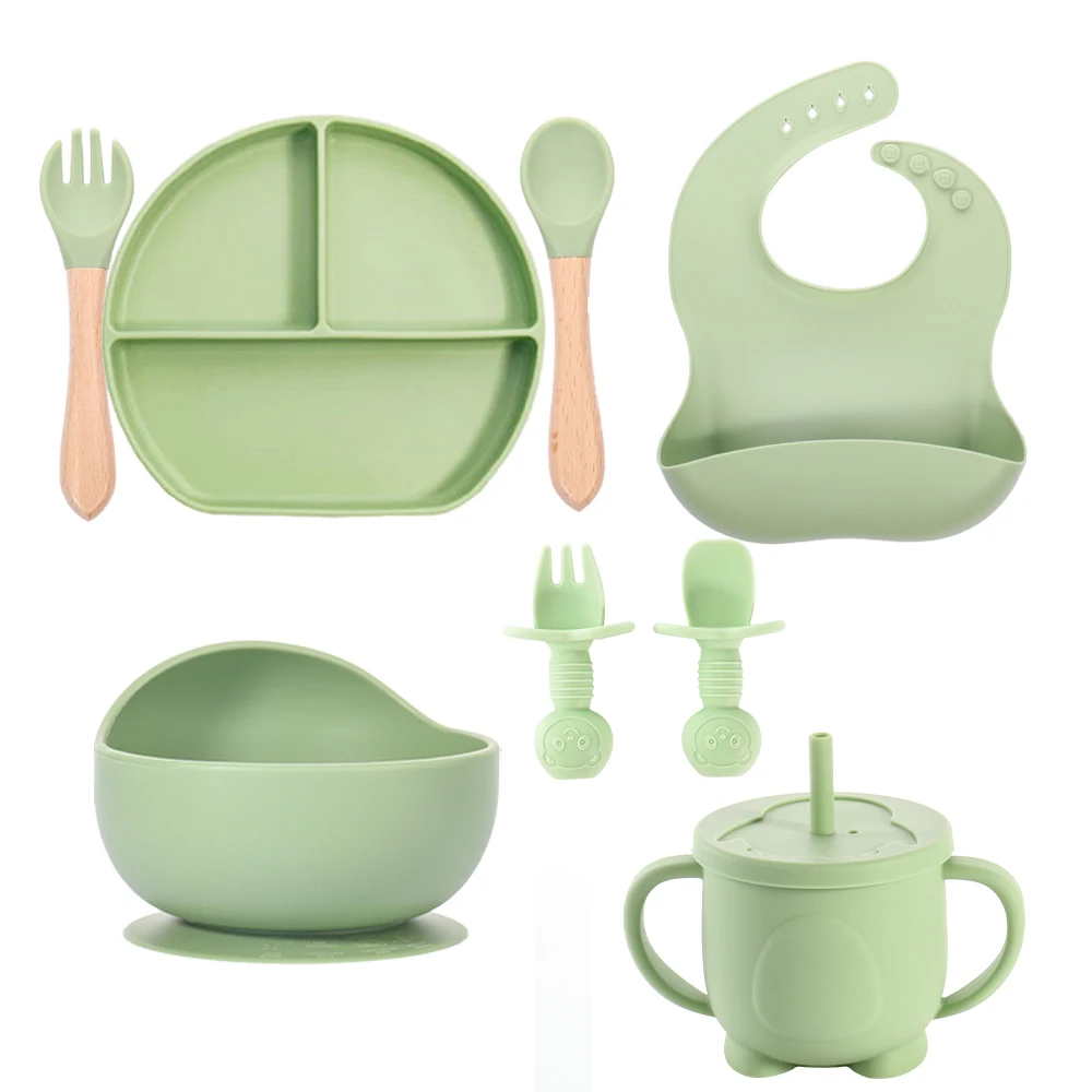 100% Bpa Free Baby Feeding Supplies Kids Dining Tableware Spill Proof Plate Bowl Bib Spoon Baby Silicone Feeding Set