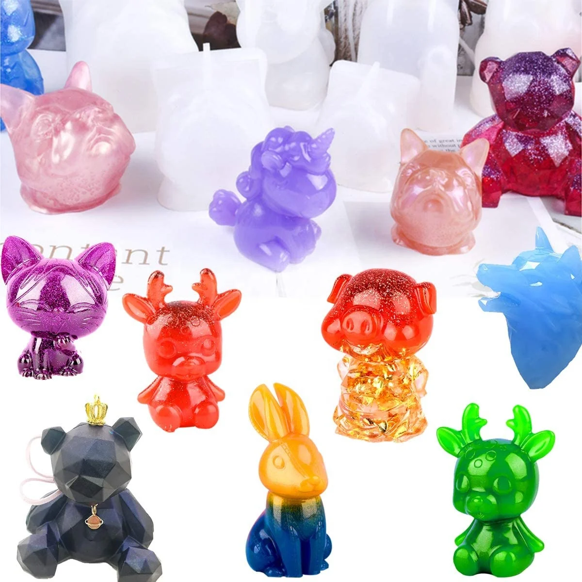 3D Animal Resin Mold Tools Set Resin Casting Molds Large Clear Unicorn Rabbit Cat Paw Epoxy Silicone Molds for Resin Craft DIY
