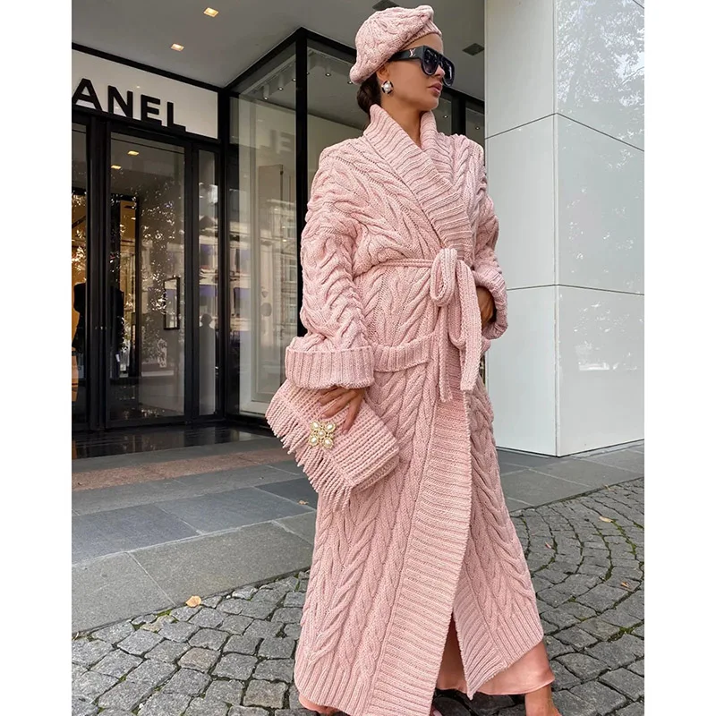 Winter Fashion Atmosphere Long Sleeve Loose Chunky Knitted Bandage Plus Size Extra oversized thick Long Cardigan Sweater Women