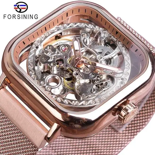 Forsining Watch Mechanical Skeleton Watches Gold Square Transparent Luxury Gold Relogio Masculino Erkek Kol Saati 7 Buyer