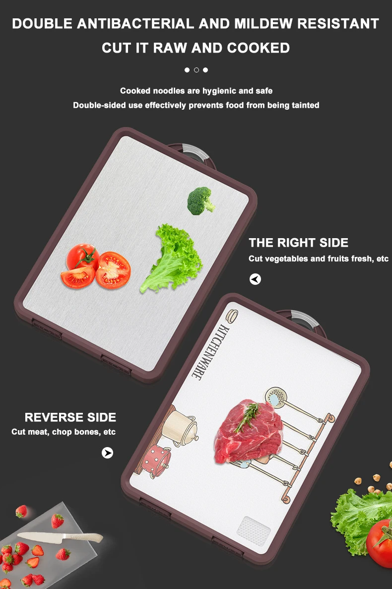 Multifunctional 304 stainless steel double-sided chopping  board can stand food grade pp cutting board for kitchen