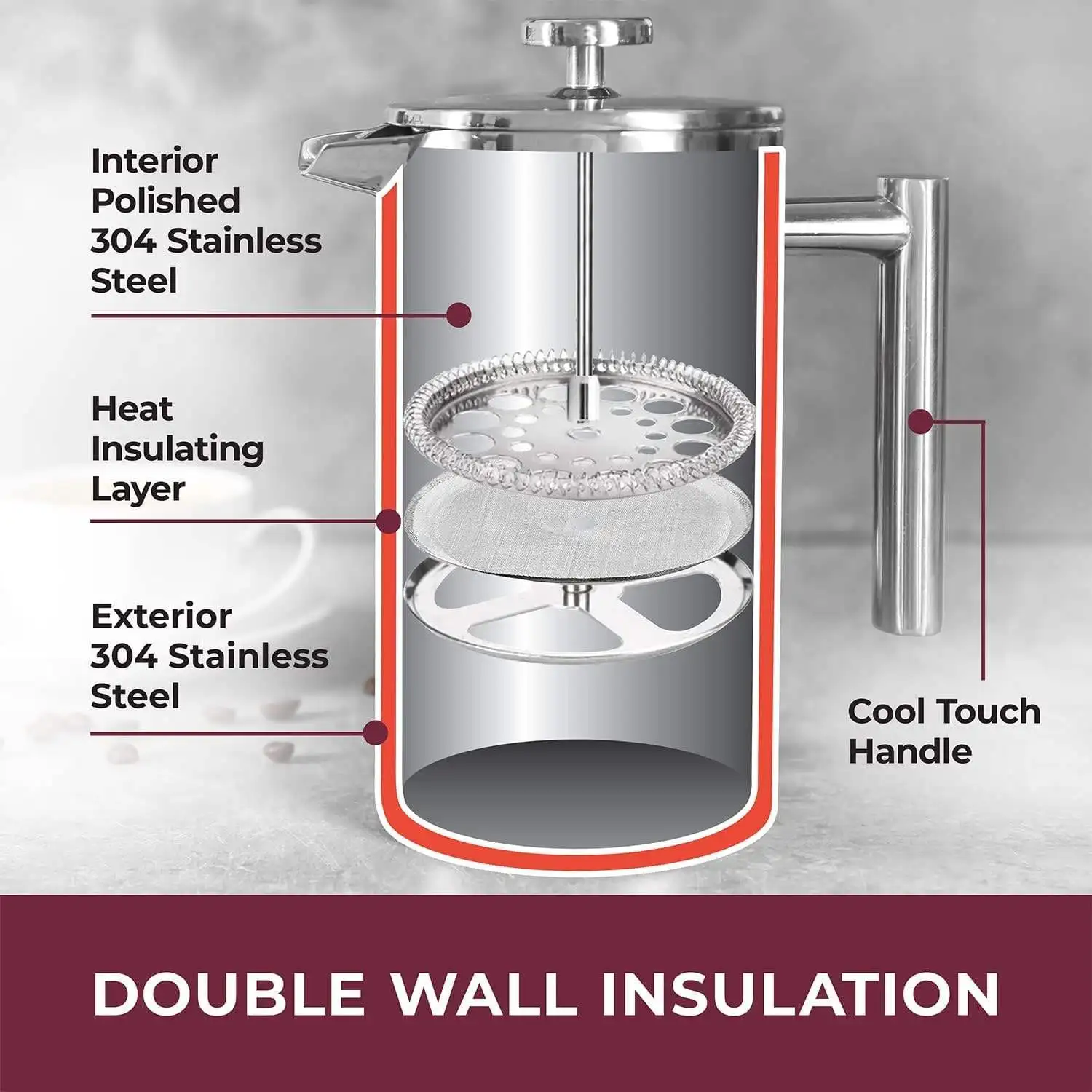 French Press Coffee Maker 304 Grade Stainless Steel Insulated Coffee Press with Silver
