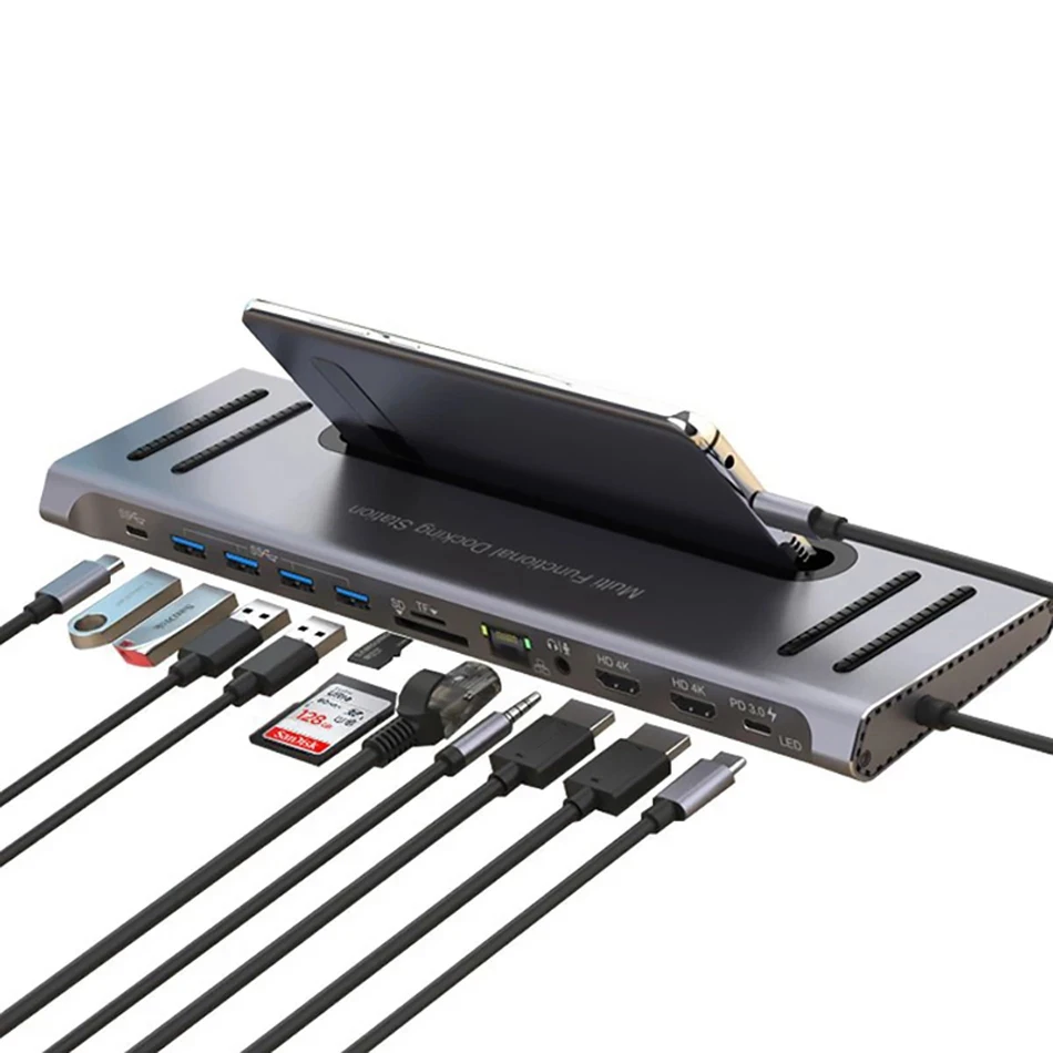 12 в 1 Многофункциональный USB Hub 3,0 Type-C Адаптер Hub Док-станция для HD-MI 4K PD3.0 док-станции для ноутбуков MacBook