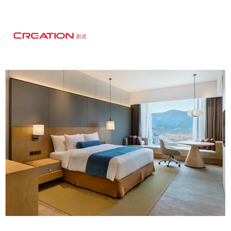 CREATION Crown Plaza Five Star Hotel Project Natural Wood Veneer Hotel Bed Furniture For Hotel Rooms With Led Light