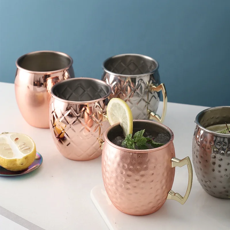 Moscow Mule Copper Mugs Stainless Steel 18oz Cocktail Wine Beer Hammered Copper Mug for Chilled Drinks 550ML Drinking Mug