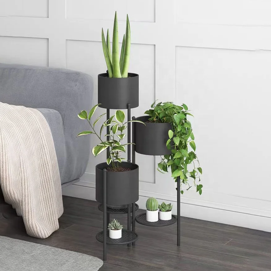 Black Metal Iron Flower Pots Garden Shelf  Flower Planter stand Corner Pot Rack Metal Round Plant Stand