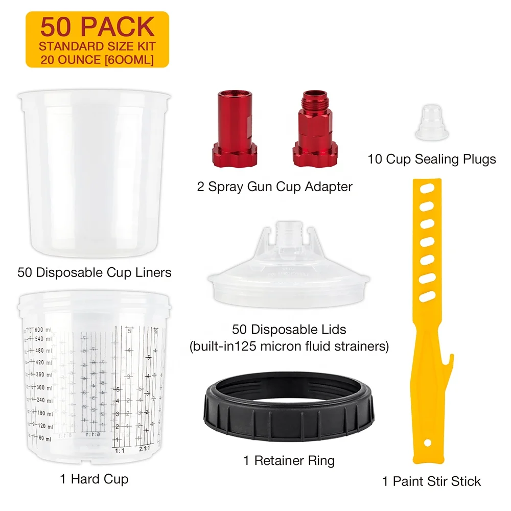 50Pcs Paint Cup Set with Lids 1 Hard Cup Retainer Ring 10 Plugs 2 Cup Adapters 1 Paint Stirrer Power Spray Guns Accessory