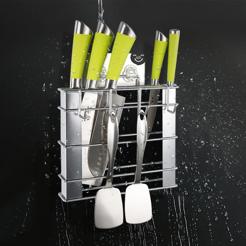 Stainless Steel Wall Mounted Knife Rack Spoon Holder Hanging Rack Multifunctional Kitchen Shelf Hook Rack