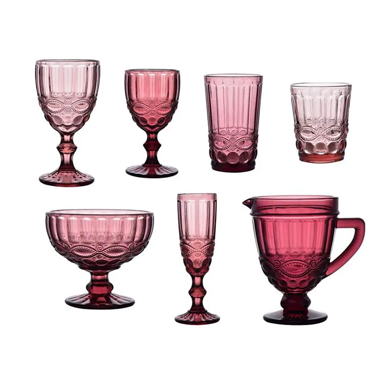 Factory high-end hot selling embossed retro solid color fun wine glasses beautiful red  ripple wine glasses set