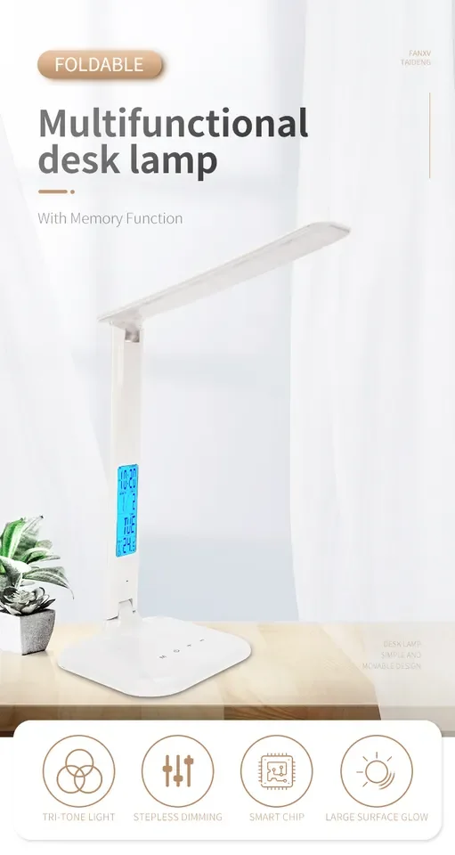 Portable eye protection LED bedside desk lamp wireless charger with Calendar Alarm Clock dimming foldable desk lamps