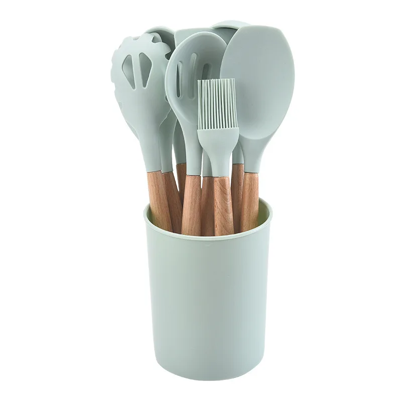 Cooking non-stick pan storage bucket wooden handle silicone cookware 10-piece silicone kitchen utensils spatula spoon set