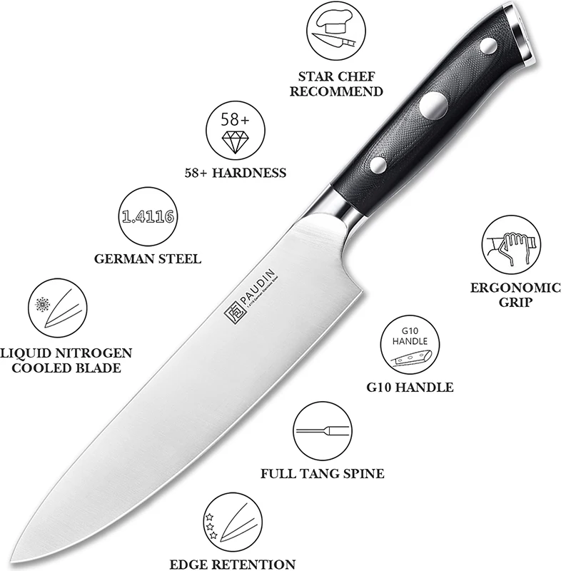 Hot Sale Full Tang 8 Inch German High Carbon Steel Kitchen Chef Knife With Natural Ebony Wood G10 Handle Knives Custom