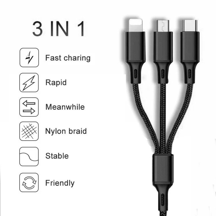 Лидер продаж на Amazon 2019 нейлоновый Плетеный Usb-кабель 3 в 1 для зарядки iPhone Micro Type