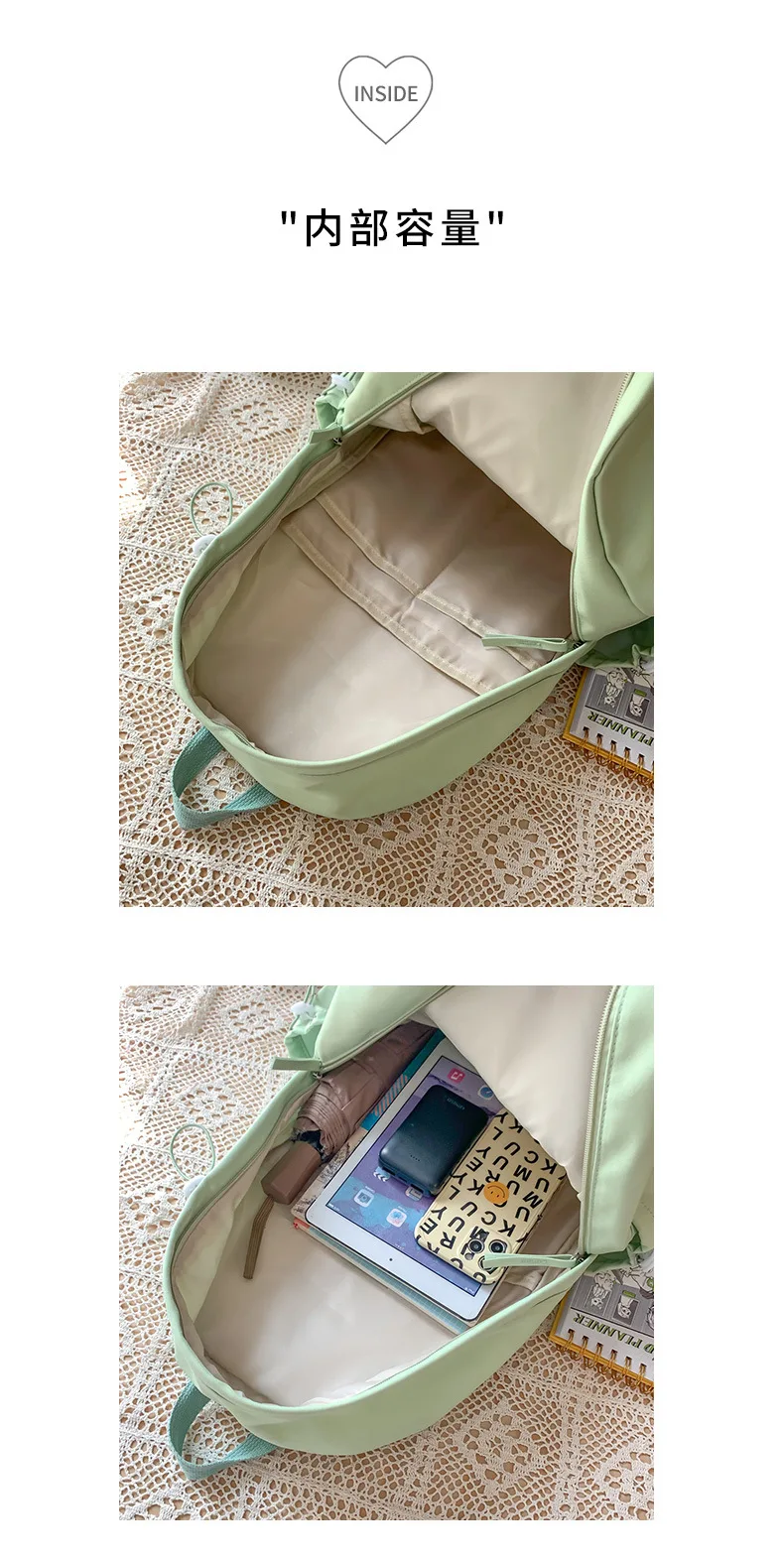 Customizable Green Nylon Waterproof School Backpack for Women Girls Summer Bag with Cute Decoration and Logo