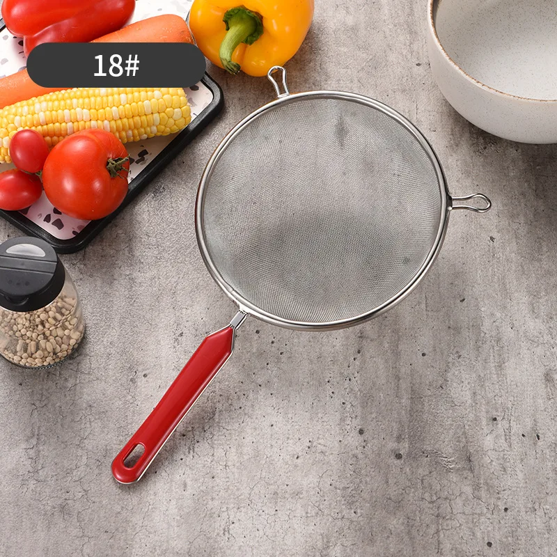 F3-308 Stainless steel short handle double ear net leaky spoon creative red handle flour sieve filter spoon net