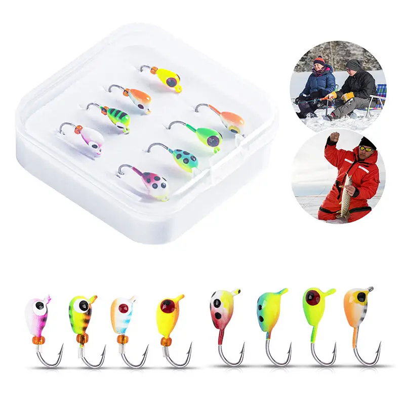 Wholesale Winter Fishing Small Colorful Lure Glowing Tungsten Raindrop Ice Jigs Head Set with Tackle Box